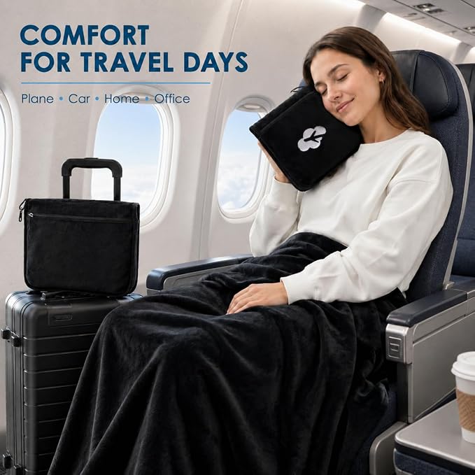 Nerien Blanket Pillow for Airplane Travel Essentials -3 in 1 Plane Travel Set Black - Image 7