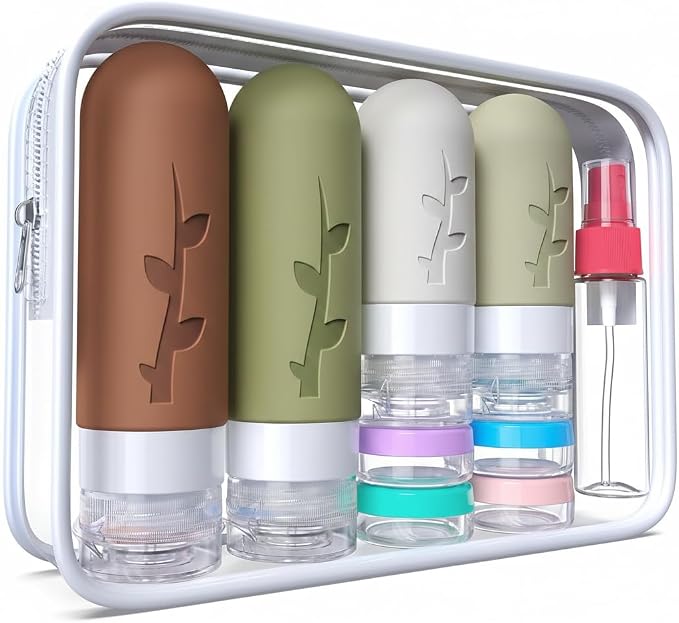 DEPOZA Travel Bottles Kit (16 Pack) - TSA Approved, Leak Proof Silicone Squeezable Containers for Toiletries. Complete Set with Jars, Sprayers & Bag (Earthy brown) by TravelingisaspiritualpracticeDepozawillaccompanyyouonyourspiritualpath