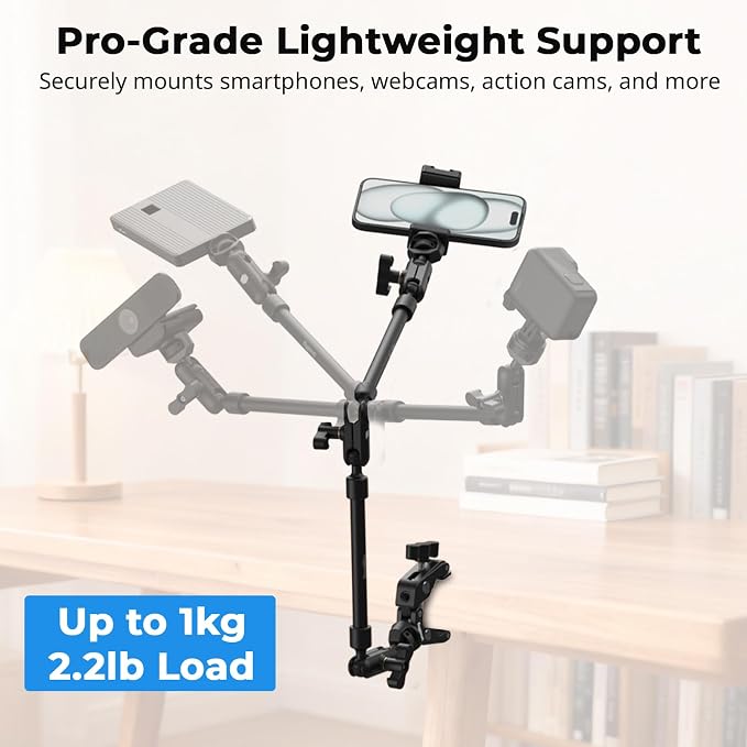 SmallRig 26" Magic Arm with Super Clamp, Overhead Phone Mount, Flexible Desk Camera Mount with 1/4" Screw and Cable Clip, Max Load 2.2lb, for iPhone, Action Camera, Video Light, Webcam, Mic - 5625 - Image 3