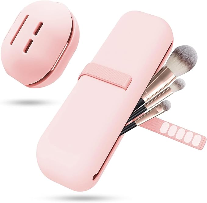 Silicone Makeup Brush Holder Travel Case No Odor Nylon Strap Closure | Water-Resistant Brush Organizer for Travel Makeup Brushes Storage (Pink) by BSJIASHIWEI