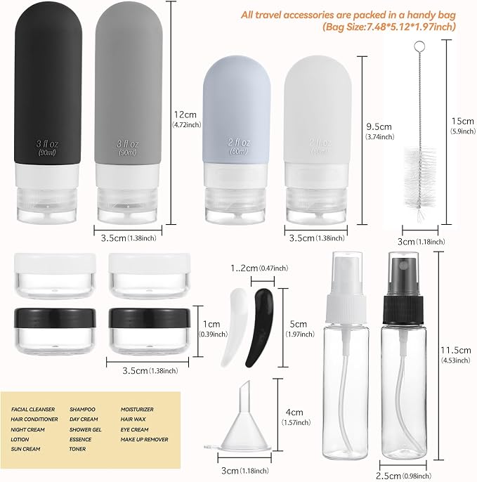 DEPOZA Travel Bottles Kit (16 Pack) - TSA Approved, Leak Proof Silicone Squeezable Containers for Toiletries. Complete Set with Jars, Sprayers & Bag (Black) - Image 9