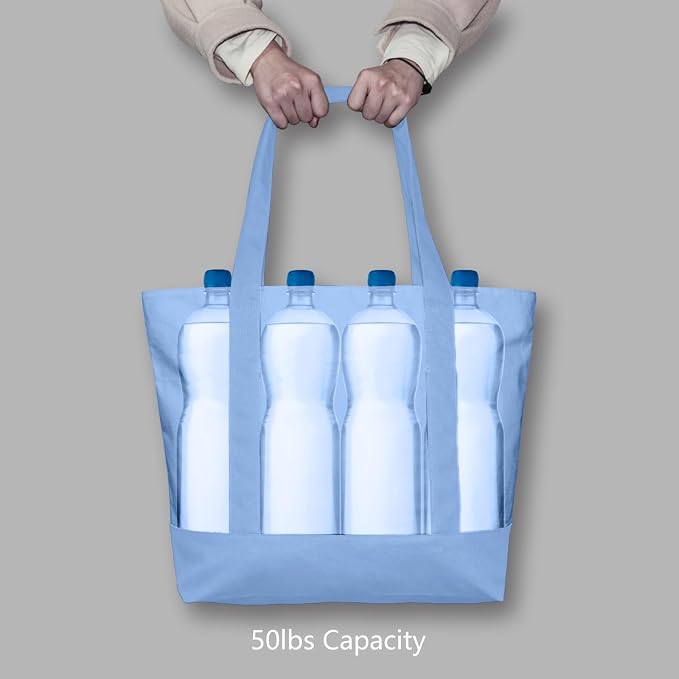 TOPDesign 1-Pack Canvas Tote Bag with an External Pocket, Reusable Grocery Shopping Bag, Top Zipper Closure, Daily Essentials (Light Blue) - Image 6