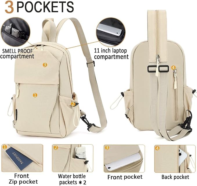Carbon Lined Backpack,Waterproof Zipper Sling Backpack,Travel Chest Shoulder Bag,Lightweight Unisex Crossbody Casual Daypack for Men & Women(Beige) - Image 6
