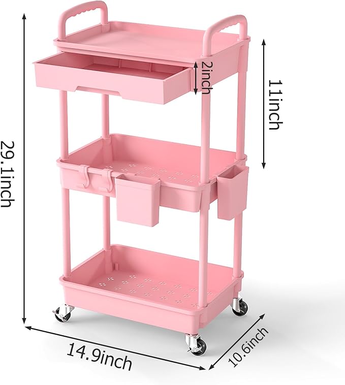 3 Tier Rolling Utility Cart with Drawer, Plastic Storage Organizer Rolling Carts with Wheels Handles Hanging Cups Hooks for Office, Bathroom, Kitchen,Craft Art Room (Pink) - Image 2