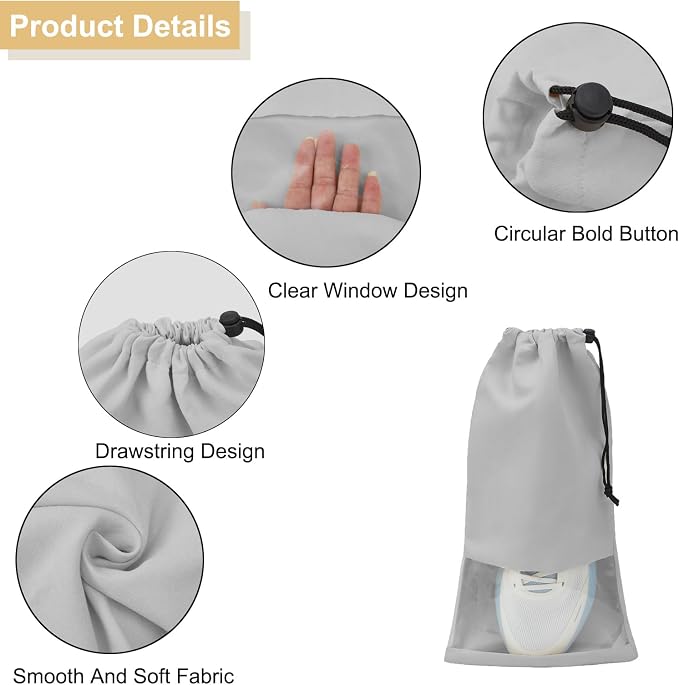 4 Pcs Single Shoe Bags for Travel, Drawstring Shoe Bags with Clear Window | 9.1"x17.7" Fits Most Shoes, Dust Resistant, Washable & Reusable, Travel Shoe Storage Bags for Men & Women - Image 6