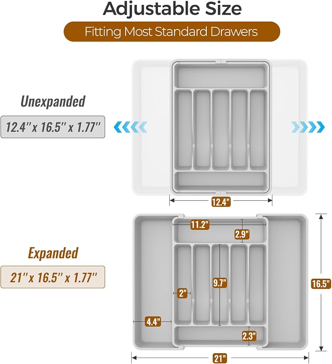 ukeetap Extra Large Expandable Silverware Organizer, Flatware Tray,Gray | BPA-Free Food-Safe Kitchen Utensil Cutlery Drawer Organizer, Adjustable Silverware Holder for Spoons Forks Knives - Image 3