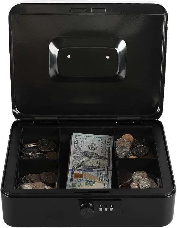 xydled Steel Cash Box Safe with Combination Lock,Money Safe Box with Removable Coin Tray,Large,9.84"x 7.87"x 3.54",Black - Image 4