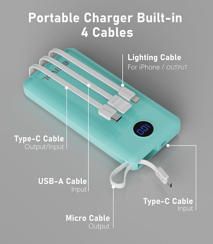 Portable Charger with Built in Cables, 10000mAh Power Bank, Battery Pack | 1 Pack, Slim, Travel Essentials, 4 Output 2 Input, for iPhone 17/16/15/14/13,Samsung, Android, etc-Green - Image 4