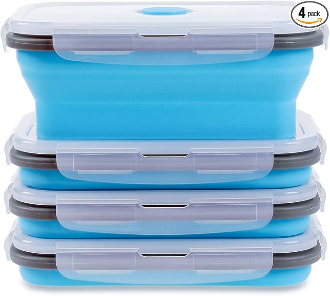 Collapsible Food Storage Containers with Airtight Lid & Vent Valve, 27 oz, Annaklin Kitchen Stacking Silicone Collapsible Meal Prep Container Set for Leftover, Microwave Freezer Safe, Blue, Set of 4 by Annaklin