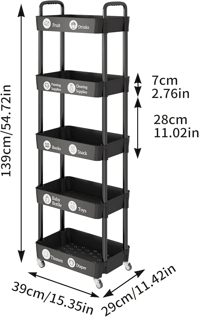 Laiensia Multifunction Utility Rolling Cart, 5-Tier Plastic & Metal Storage Organizer, Black, Lockable Wheels, Modern Style, Indoor Use - Image 7
