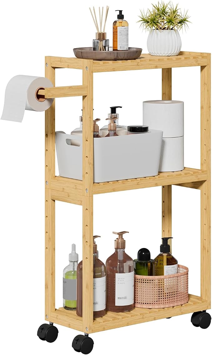 RRX Bamboo Rolling Cart, Slim 3-Tier Standing Shelf Units on Wheels (Beige) | Bamboo Shelves Utility, Storage Corner Shelf Cabinet for Narrow Space, Toilet Paper Organizer for Bathroom, Kitchen by RRXHome