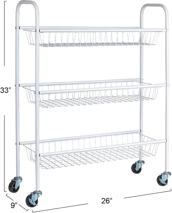 Household Essentials 3-Tier Slim Storage Cart, Heavy-Duty Steel Frame, Smooth Casters with Locks, Powder Coat Finish, Arched Handles, Easy to Assemble, Modern, Compact, White - Image 3