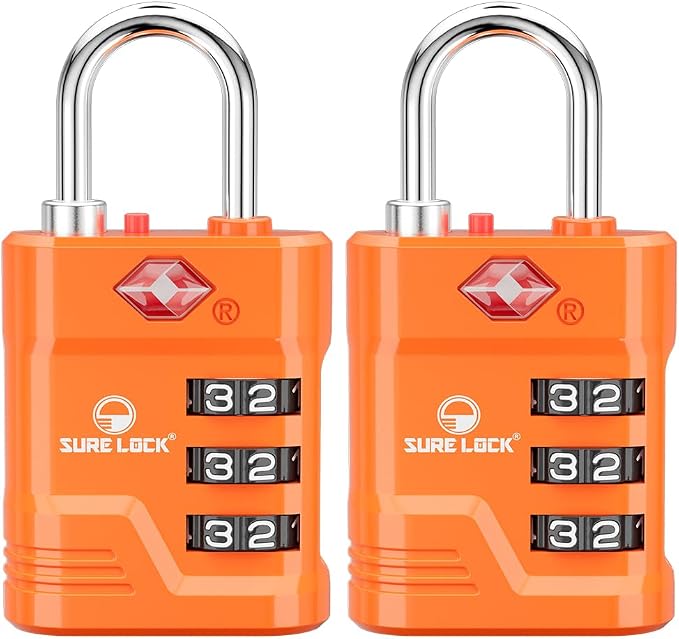 SURE LOCK TSA Approved Luggage Lock – 3-Digit Resettable Combination Padlock with Open Alert Red Dot, Large Easy-Read Dials for Suitcases, Backpacks, Gym & School Lockers (Orange 2 pk) by Hopeyoucanstaysafe