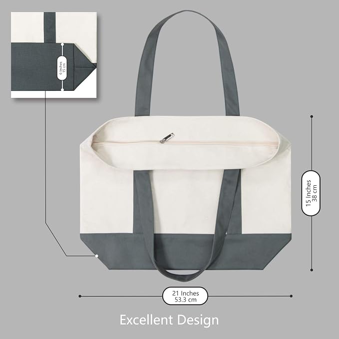 TOPDesign 1-Pack Canvas Tote Bag with an External Pocket, Reusable Grocery Shopping Bag, Top Zipper Closure, Daily Essentials (Grey/Natural) - Image 5