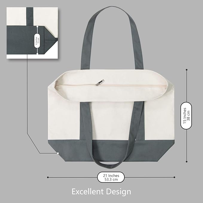 TOPDesign 3-Pack Canvas Tote Bags with an External Pocket, Reusable Grocery Shopping Bags, Top Zipper Closure, Daily Essentials (Grey/Natural) - Image 5