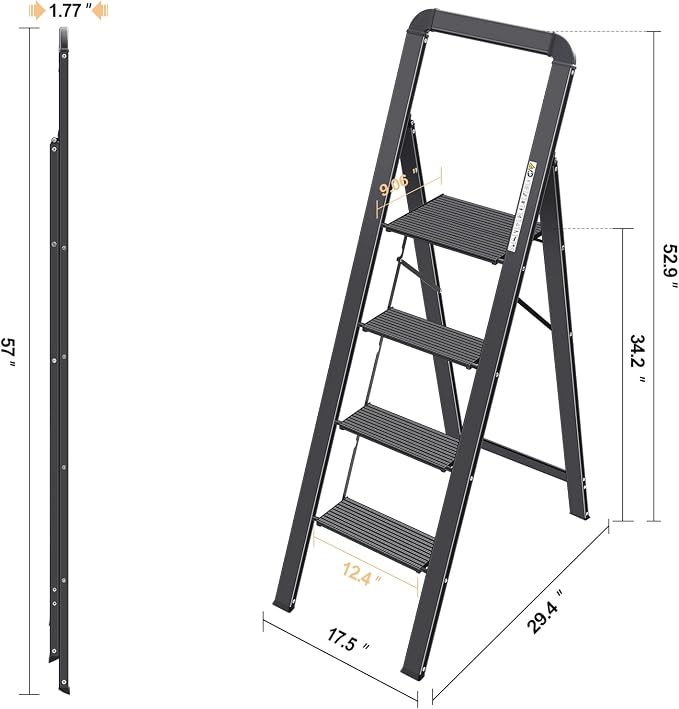 KINGRACK Aluminium 4 Step Ladder, Lightweight Step Stool with Non-Slip Pedals, Handrail, Foldable Step Ladder for Kitchen, Garage, Home, Space Saving, Sturdy and Portable, Black - Image 6