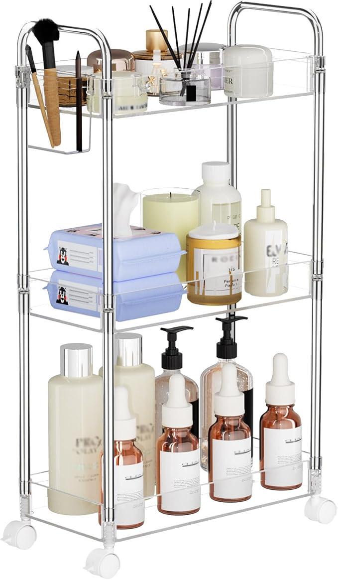 SPACEKEEPER 3 Tier Acrylic Storage Rolling Cart Clear Bathroom Cart Organizer, Transparency Laundry Room Organization Mobile Shelving Unit Multifunction Rolling Utility Cart for Office Living Room | Clear Utility Cart for Laundry Room,Kitchen,Office,Ba... by SPACEKEEPER