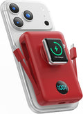 Magnetic Portable Charger 10800mAh with Built-in Cables,Wireless Power Bank for Magsafe,25W PD Fast Charging USB-C Travel Essentials Battery Pack for iPhone 17/16/15/14/13/12 Series,Apple Watch-Red by HETP