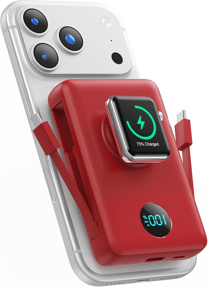 Magnetic Portable Charger 10800mAh with Built-in Cables,Wireless Power Bank for Magsafe,25W PD Fast Charging USB-C Travel Essentials Battery Pack for iPhone 17/16/15/14/13/12 Series,Apple Watch-Red by HETP
