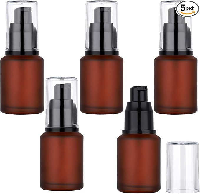 Segbeauty 1oz Frosted Glass Travel Pump Bottle, 5pcs 30ml Travel Bottles for Toiletries, Refillable Cosmetic Containers for Women, Empty Red Lotion Dispenser with Pump, Leak Proof Makeup Dispenser by Segbeauty
