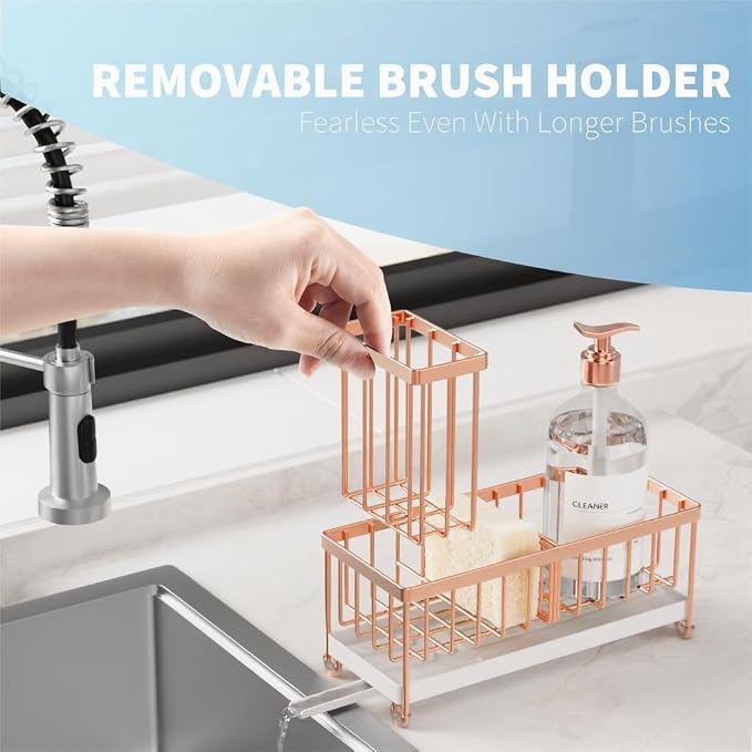 Cisily Sponge Holder for Kitchen Sink, Sink Caddy Organizer with High Brush Holder, Kitchen Countertop Organizers and Storage Essentials, Rustproof 304 Stainless Steel (Rose Gold, 9.25″) - Image 4