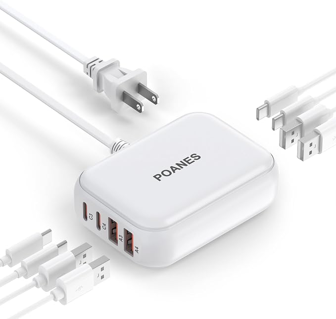 8-Port USB Charger, Multi-Port Travel USB C Charger, Mini Charging Station with USB C and A Ports, Charging Station Block for Traveling, Camping Compatible with Phone, Earbud (Grayish White) by POANES
