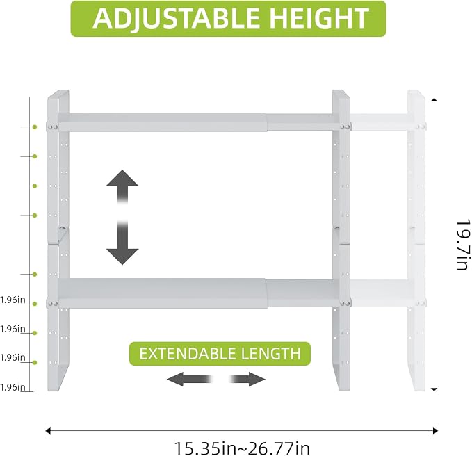 Expandable Cabinet Shelf Organizer Rack, Stackable Kitchen Counter Storage Shelves Stand, Adjustable Height Pantry Shelf Spice Rack (White-2 Pack, 8.7" D x 15.4-26.8" W x 9.8" H) - Image 3