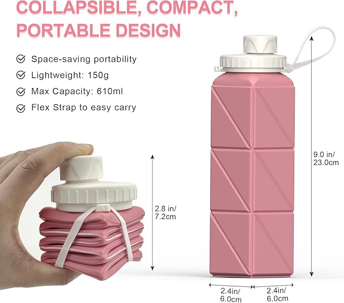 Collapsible Water Bottles 2 Pack, 21oz/610mL, Silicone Travel Water Bottle | BPA Free, Leakproof & Reusable, Foldable Portable Water Bottle for Traveling, Hiking, School, Sport, Outdoor (Pink+Starlight) - Image 3