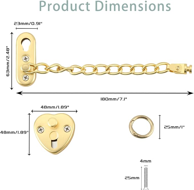 Alise Door Chain Lock, Gold Adjustable Child Proof Security Door Lock for Apartment | Stainless Steel Chain Door Lock,Heart-Shaped Design Press-To-Unlock, Heavy Duty Chain Lock For Bedroom & Travel - Image 2