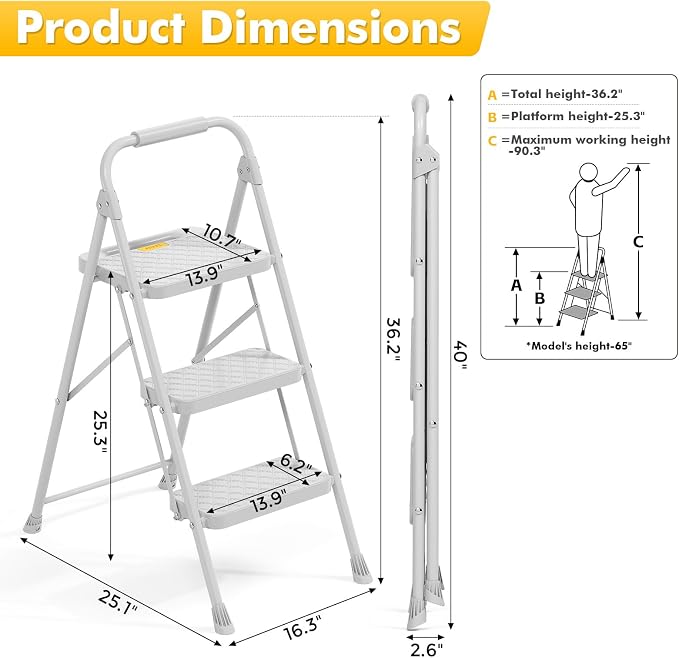 KINGRACK 3 Step Ladder, Folding Step Stool with Safety Lock & Sturdy Anti-Slip Pedals, Pass 800lbs Load Testing, Lightweight, Portable Steel Ladder with Handrails for Home, Kitchen, Garage, Office - Image 6