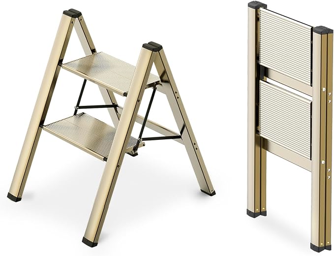 Aluminum 2 Step Ladder, Foldable Step Stool, 300lbs Load, Gold | Folded 27''H x 2''T; Net 6.6 lbs; Rigid Aluminum Steps; No Assembly; For Home, Kitchen, Office, Pantry, Closets, Cabinets by WOAWOAHOME