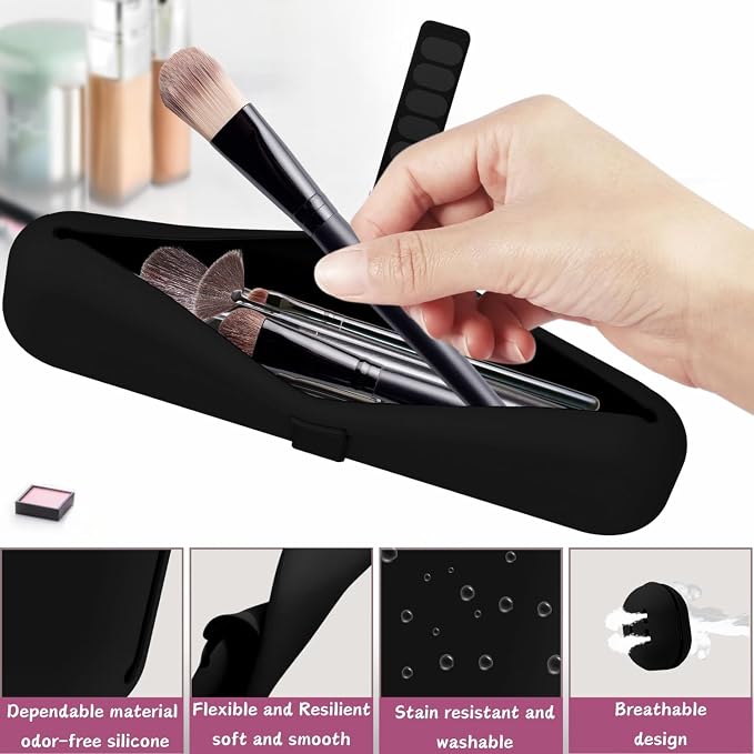 Silicone Makeup Brush Holder Travel Case Water-Resistant Brush Organizer for Travel Makeup Brushes Storage with No Odor Nylon Strap Closure (Black) - Image 5