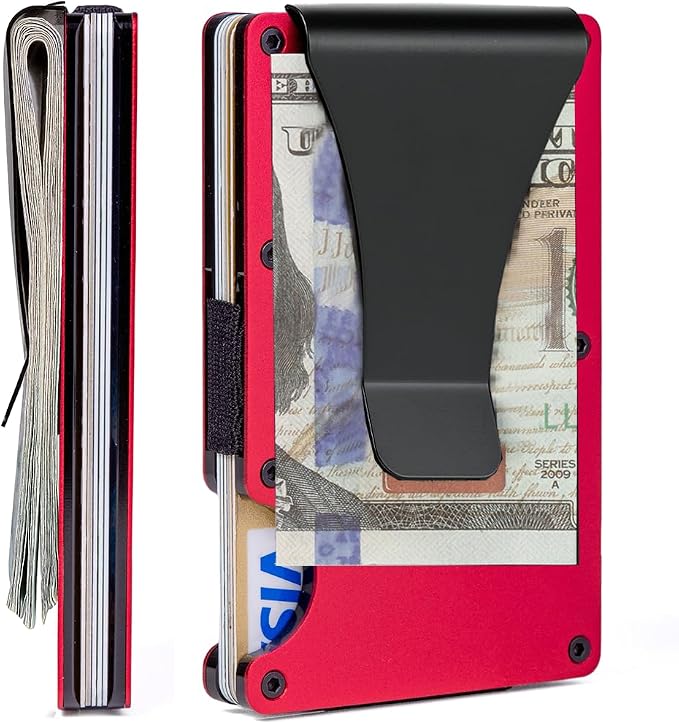 Minimalist Wallet for Men, Slim Metal RFID Blocking Wallet Credit Card Holder Money Clip & Cash Strap, Scratch-Resistant Holds 15 Cards,Ideal Gift for Men | Matt Red - Image 2