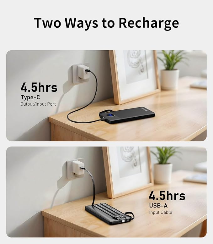 Portable Charger with Built in Cables, Slim 10000mAh Power Bank, USB C Battery Pack Travel, 4 Output 2 Input External Charging Bank for iPhone 17/16/15/14/13,Samsung, Android, etc-Black(1 Pack) - Image 6