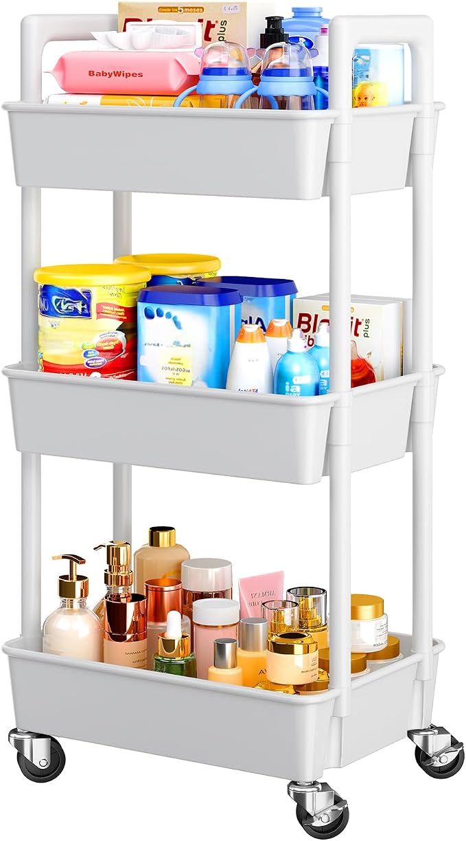 Pipishell 3 Tier Rolling Cart Organizer, Plastic Rolling Cart with Lockable Wheels & Reinforced Handle, Lightweight Utility Cart Storage Cart for Nursery, Kitchen, Bathroom, Craft Room, White, PIUC14W by Pipishell