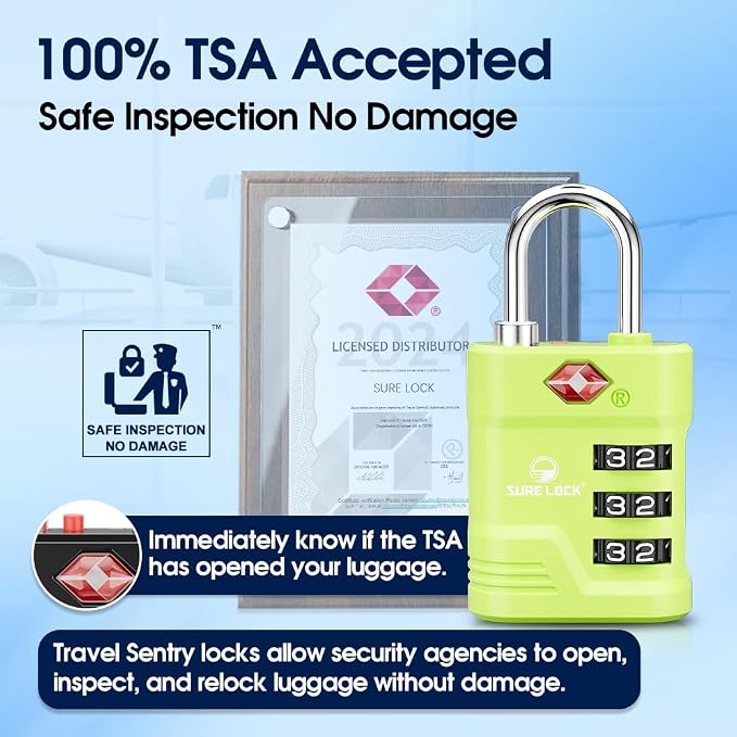 SURE LOCK TSA Approved Luggage Lock – 3-Digit Resettable Combination Padlock with Open Alert Red Dot, Large Easy-Read Dials for Suitcases, Backpacks, Gym & School Lockers - Image 2