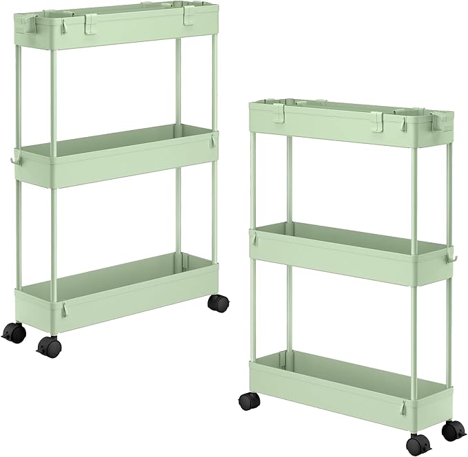 2-piece Set Slim Storage Cart 3 Tier,Bathroom Organizer Rolling Utility,Mobile Shelving Unit Slide Out for Office, Kitchen, Laundry Room & Narrow Places by Home