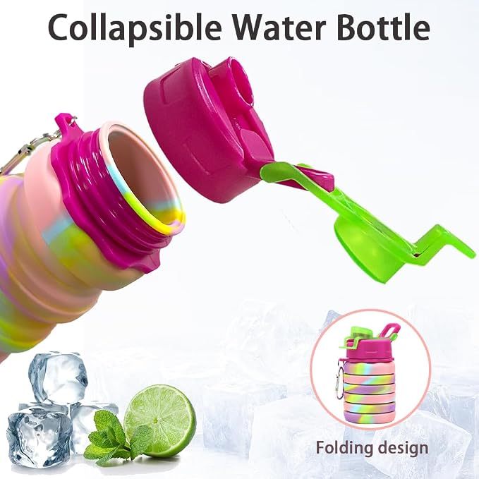 Silicone Collapsible Water Bottles, 16oz 500ml Portable Foldable Expandable Water Bottle Sports Cups, Leak Proof Reusable BPA Free, for Outdoor Activities Travel(Pink-B) - Image 4