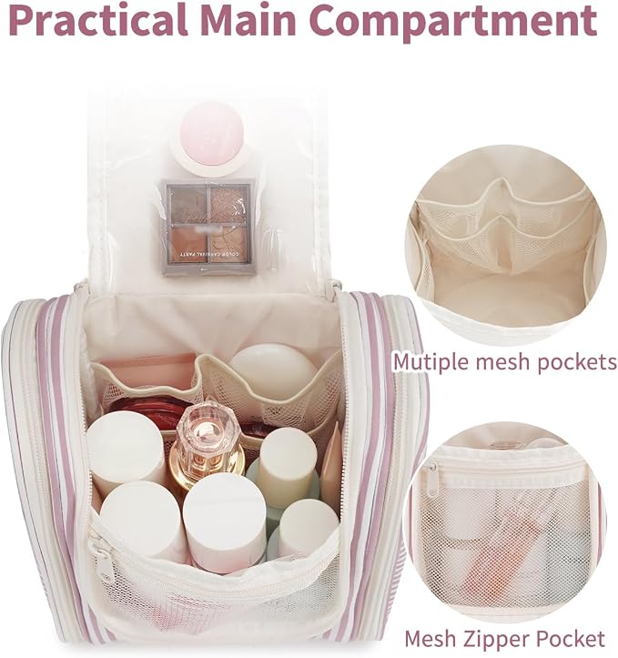Narwey Small Striped Hanging Travel Toiletry Bag for Women, Travel Bag for Toiletries, Makeup Bag Organizer Cosmetic Bags Make Up Bags for Women (Dusty Rose Stripe) - Image 3