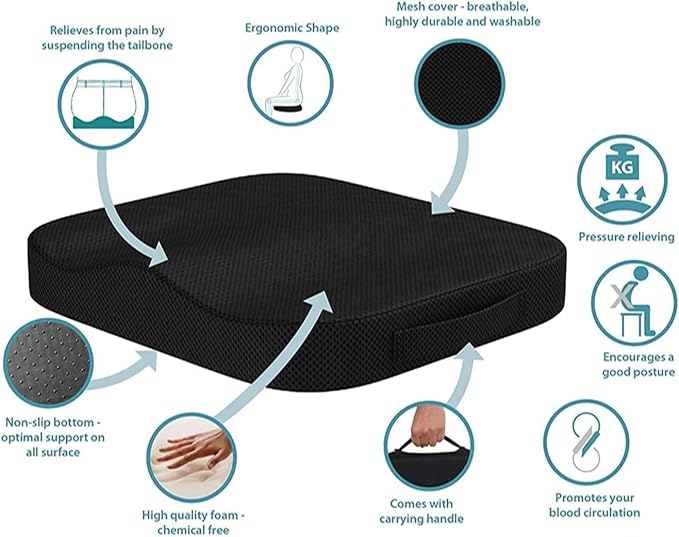Portable Seat Cushion for Office Soft Memory Foam Seat Cushion Non Slip Bottom with Carry Handle,Washable Cover，Comfortable Coccyx Cushion for Home Office Chair Pad，Car Seat, Wheelchair (Black) - Image 2