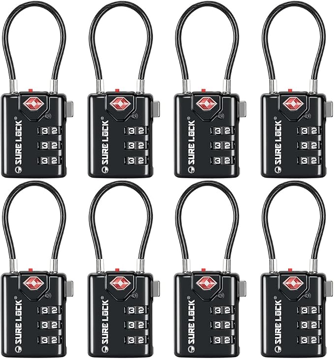 SURE LOCK TSA Compatible Travel Luggage Locks, Inspection Indicator, Easy Read Dials TSA Approved with Zinc Alloy (1, Black 8 Pack) by Hopeyoucanstaysafe