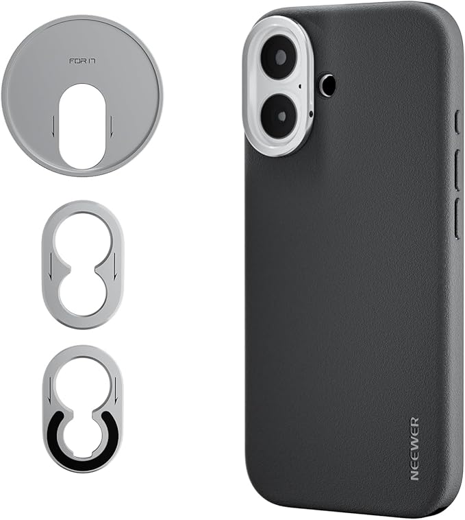 NEEWER Phone Case for 17 Only, Modular Protective TPU/PC Phone Cover with 67mm Filter Ring, 17mm Lens Backplate, T Mount Lens Adapter Compatible with Moment MagSafe iPhone 17, PA159 (Black + Silver) by Neewer