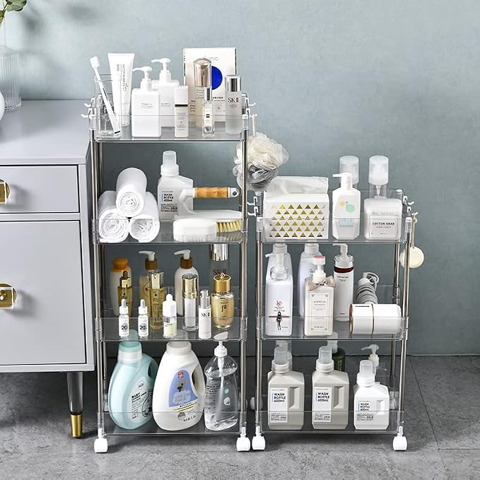 Chris.W Slim Storage Cart 3 Tier with Wheels, Clear Bathroom Cart Organizer, Mobile Shelving Unit Rolling Utility Cart, Slide Out Organizer for Kitchen, Bathroom, Laundry, Narrow Places, Office - 8" W - Image 2