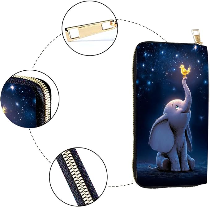 Women's RFID Blocking PU Leather Zip-Around Wallet, Large Capacity Clutch with Phone Holder, Travel Purse & Card Organizer with Removable Wristlet,Starry Sky Elephant Bird - Image 4