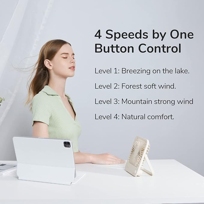 JISULIFE Desk Fan Battery Rechargeable, 180°Foldable Portable Personal Fan | 4500mAh Long-lasting Battery, 4 Speeds Adjustable for Home Office Travel Outdoor Gifts for Women Men-Brown - Image 2
