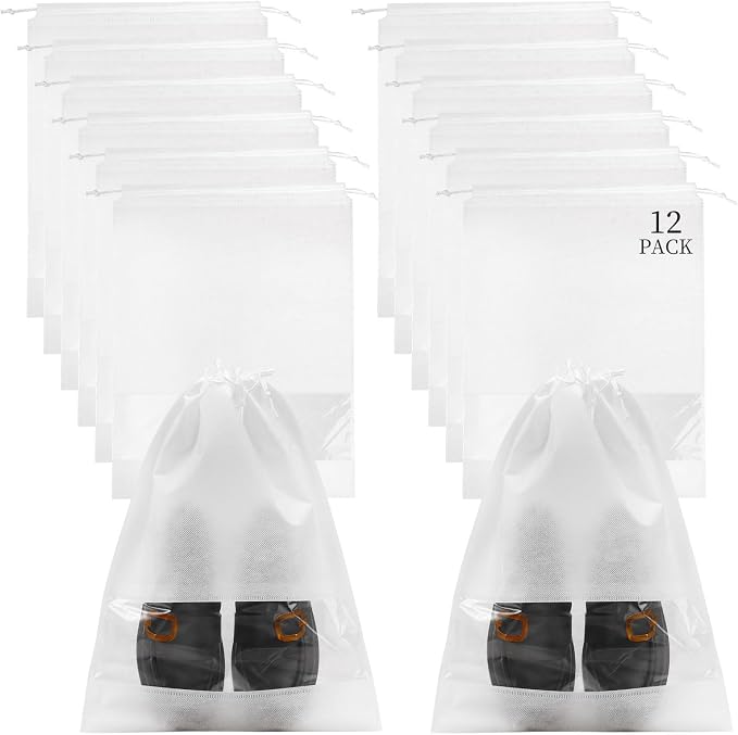 12 Pcs Portable Travel Shoe Bags, 17.3 x 12.6 Inches Waterproof Non-Woven Shoe Organizers Storage Bags, Large Drawstring Shoes Pouch Packing Organizers with Rope for Men, Women, Children (White) by KINYFY