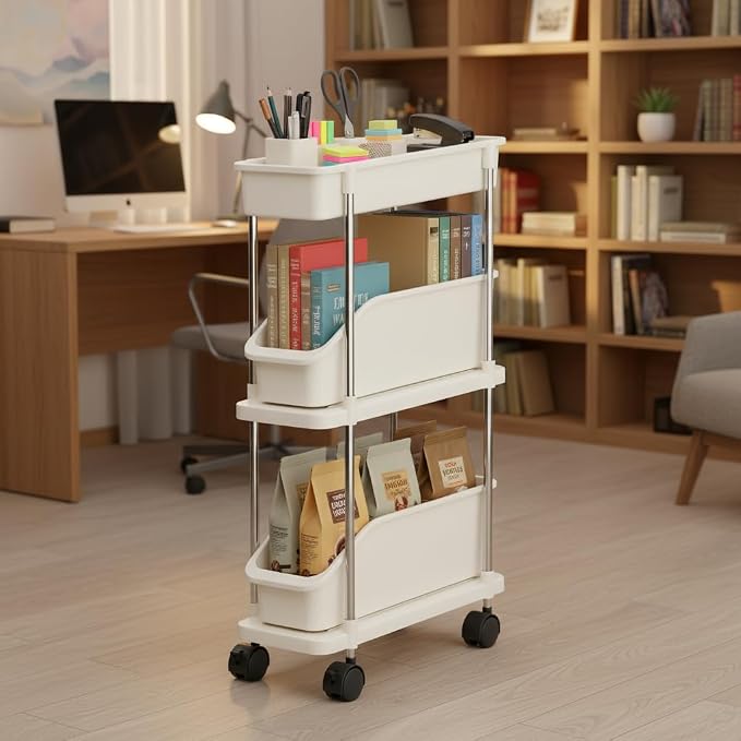 Slim Storage Cart 3 Tier Slim Rolling Utility Cart with Pull-Out Baskets & Wheels for Narrow Space in Kitchen Dining Room Bathroom Laundry Room Cream White (Width 6.3 Inches) - Image 6