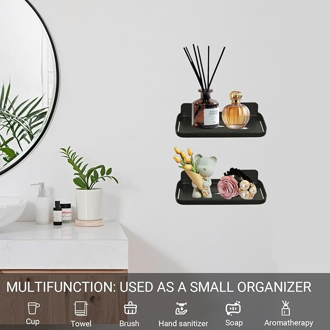 FAYYGYH 2 Pack Adhesive Floating Shelves, No Drill Small Floating Shelf | Wall Storage Damage-Free Wall Mounted Organizer for Bathroom, Kitchen, Bedroom & Office (Black) - Image 5