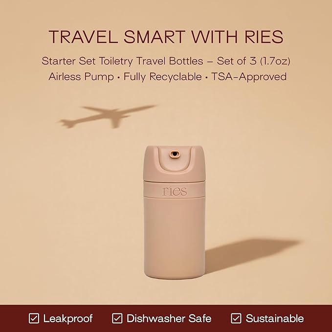 RIES Travel Bottles for Toiletries | Travel Size Containers | 3 Pack | Tsa Travel Bottles | Shampoo and Conditioner Leak Proof with Airless Pump | BPA Free Recycled Plastic & Dishwasher Safe - Image 3