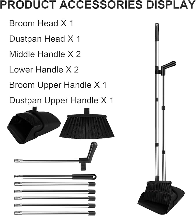 Black Broom and Dustpan Combo Set, 51" Long Handle Broom | Hands-Free Pet Hair Cleaning, Built-in Comb Dustpan, Space-Saving Storage, Multi-Surface Use for Home, Kitchen & Office - Image 6